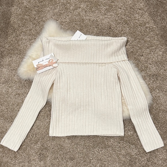 Pink Rose Sweaters - NWT Pink Rose Off-Shoulder Ribbed Cream Sweater Size L